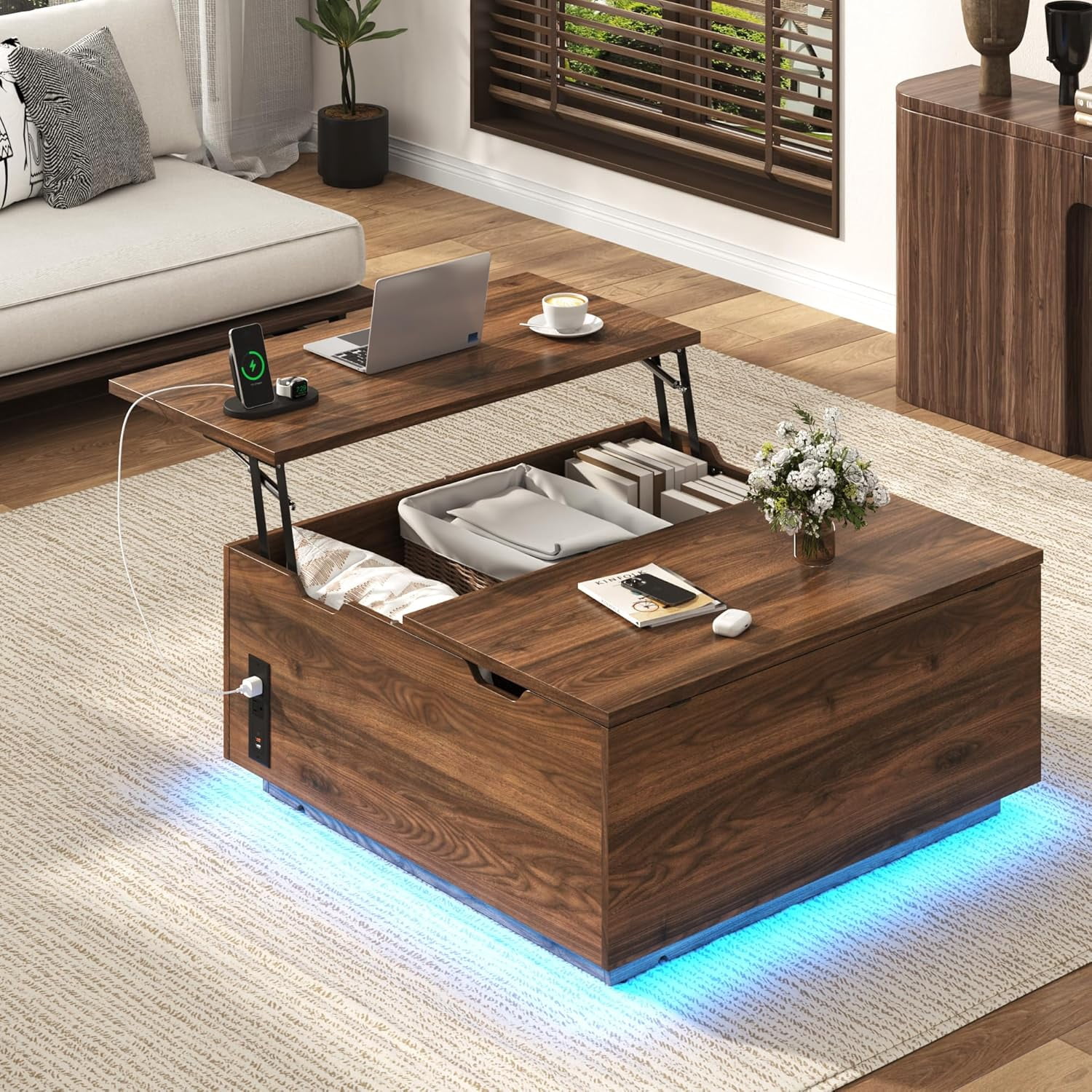 ChVans Lift Top Coffee Table with LED Lights and Charging Station, 35.8 ...