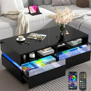 ChVans Modern LED Coffee Table w/ 2 Storage Drawers,High Glossy 2-Tier Black Coffee Table w/ 60000-Color LED Lights,App Control,Rectangle Center Table w/Open Shelf for Living Room Bedroom