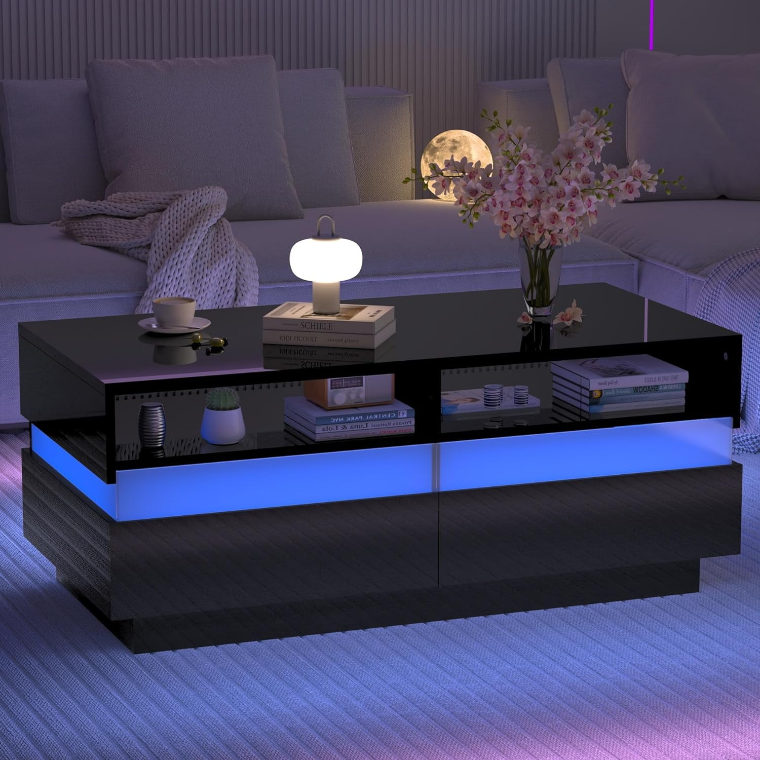 DWVO Modern LED Coffee Table, Large Living Room Center Tables With 2 Drawers Rustic Brown