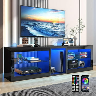 ChVans Modern LED TV Stand for TVs up to 70" with Adjustable LED Lights/Outlet, High Gloss Entertainment Center with Open Shelves Storage, Media Console TV Stands for Living Room, Game room, Bedroom