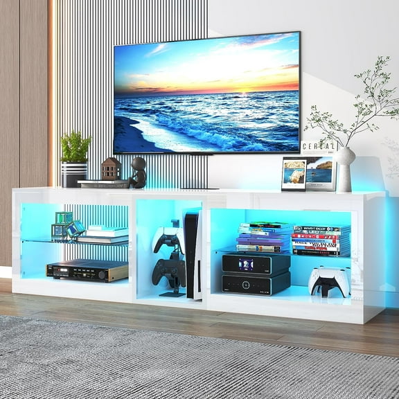 ChVans Modern LED TV Stand for TVs up to 70" with Adjustable LED Lights/Outlet, High Gloss Entertainment Center with Open Shelves Storage, Media Console TV Stands for Living Room, Game room, Bedroom