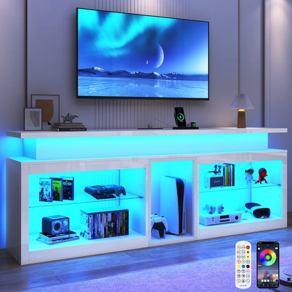 ChVans Modern LED TV Stand for TVs up to 80" with Adjustable LED Lights/Outlet, High Gloss Entertainment Center with Open Shelves Storage, Media Console TV Stands for Living Room, Game room, Bedroom