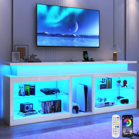 ChVans Modern LED TV Stand for TVs up to 80" with Adjustable LED Lights/Outlet, High Gloss Entertainment Center with Open Shelves Storage, Media Console TV Stands for Living Room, Game room, Bedroom