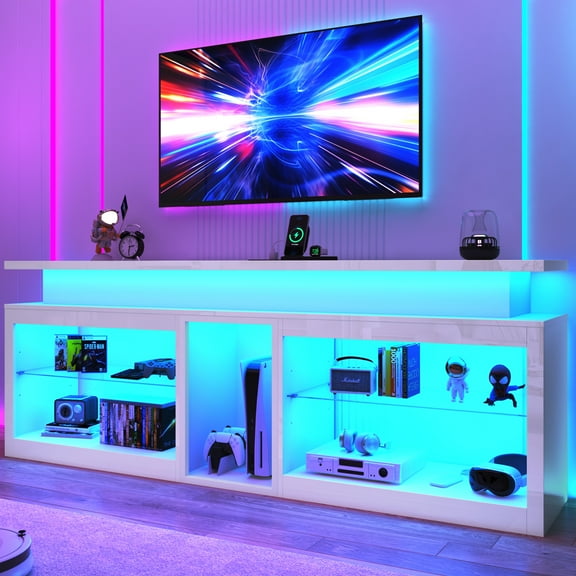 ChVans Modern LED TV Stand for TVs up to 80" with Adjustable LED Lights/Outlet, High Gloss Entertainment Center with Open Shelves Storage, Media Console TV Stands for Living Room, Game room, Bedroom