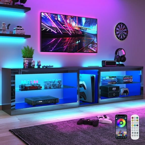ChVans Modern LED TV Stand for TVs up to 90" with Adjustable LED Lights/Outlet, High Gloss Entertainment Center with Open Shelves Storage, Media Console TV Stands for Living Room, Game room, Bedroom