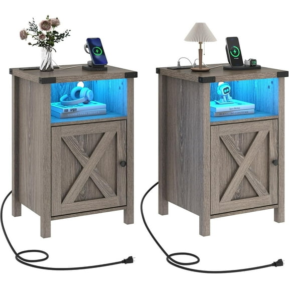 ChVans Set of 2 Farmhouse Nightstand with LED Lights & Charging Station for Bedroom, Rustic End Table with Barn Door & Storage Shelf, Grey