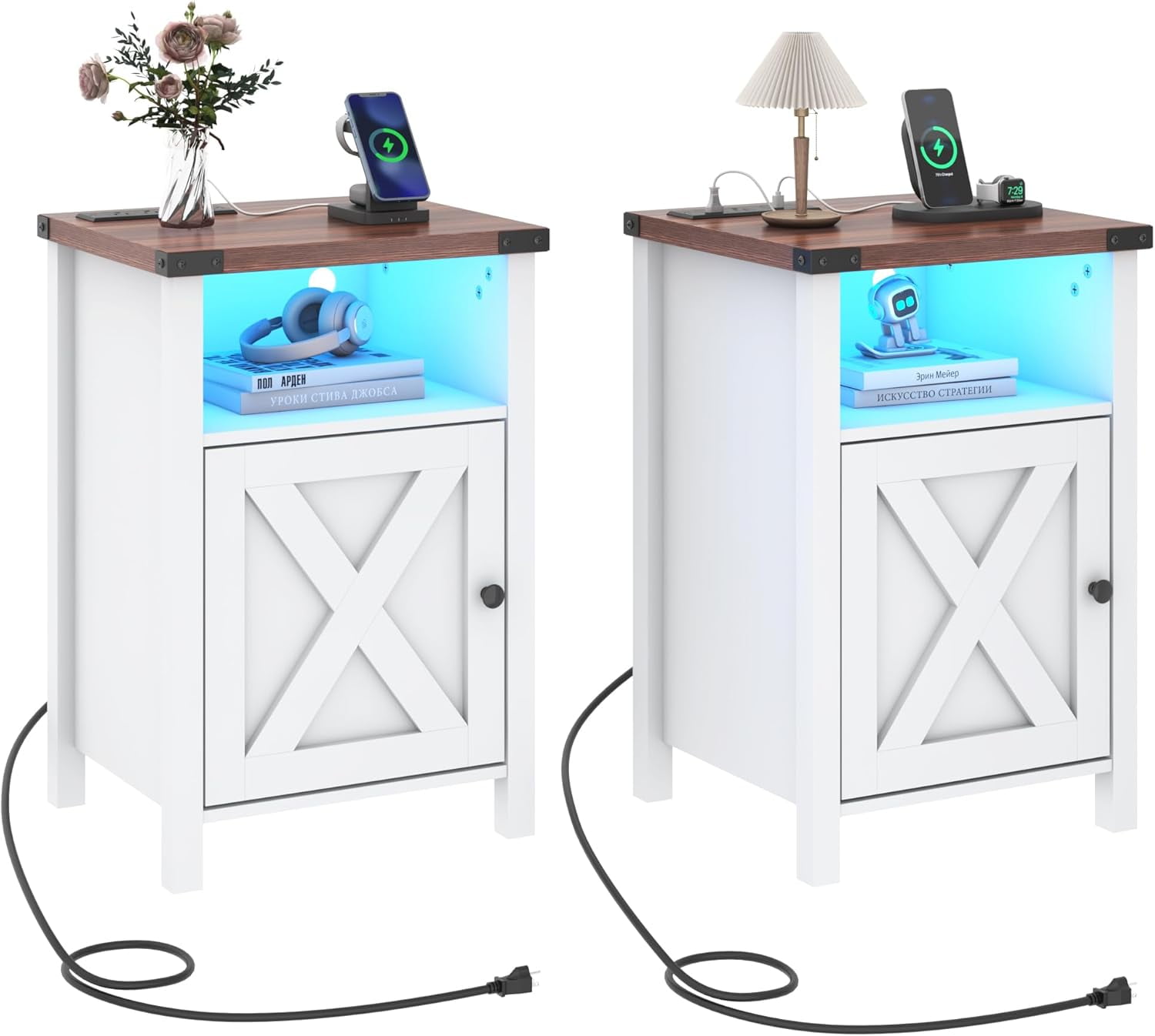 White Farmhouse Nightstand Set with LED Lights and Charging Station