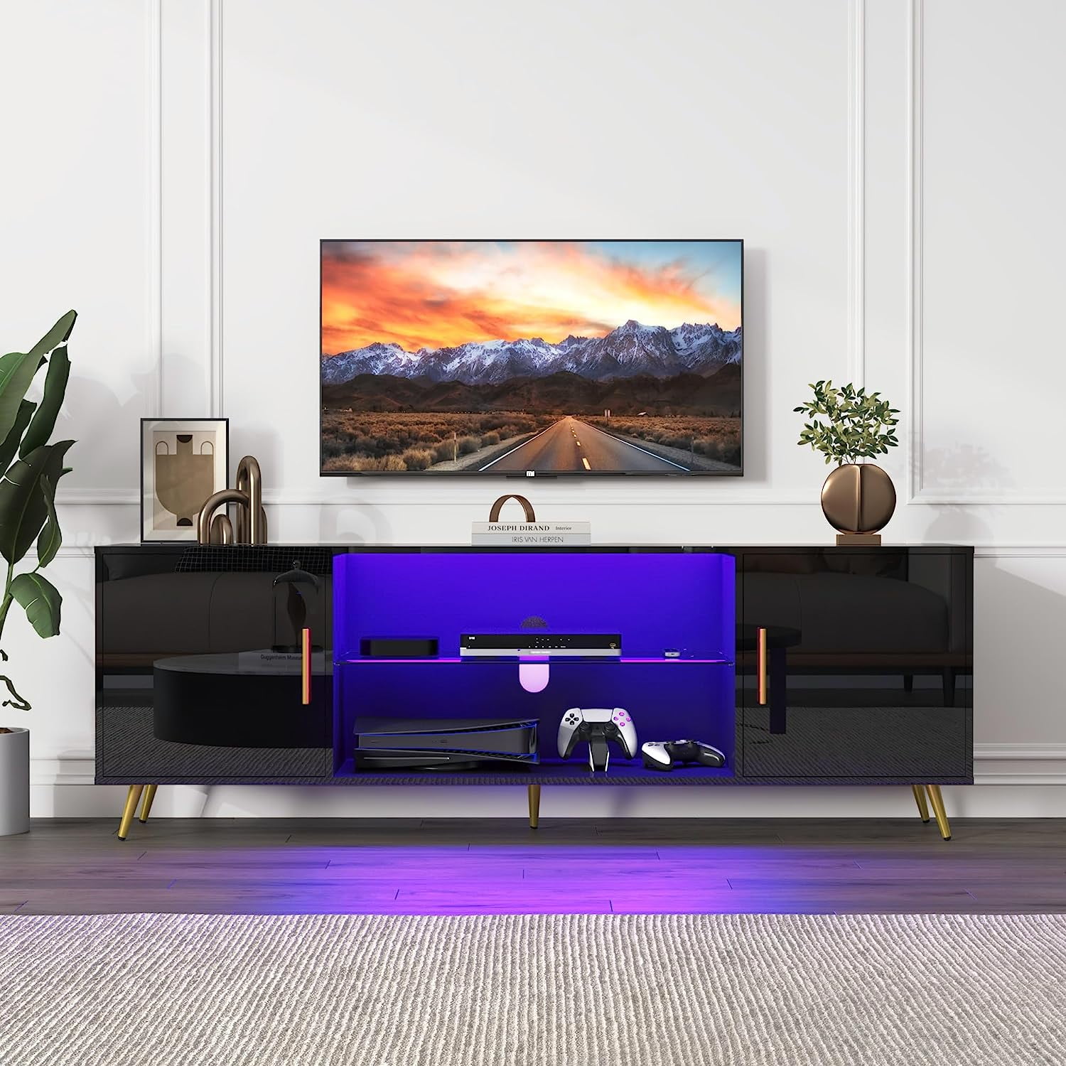 ChVans TV Stand for 80 inch TV with LED Lights, High Gloss