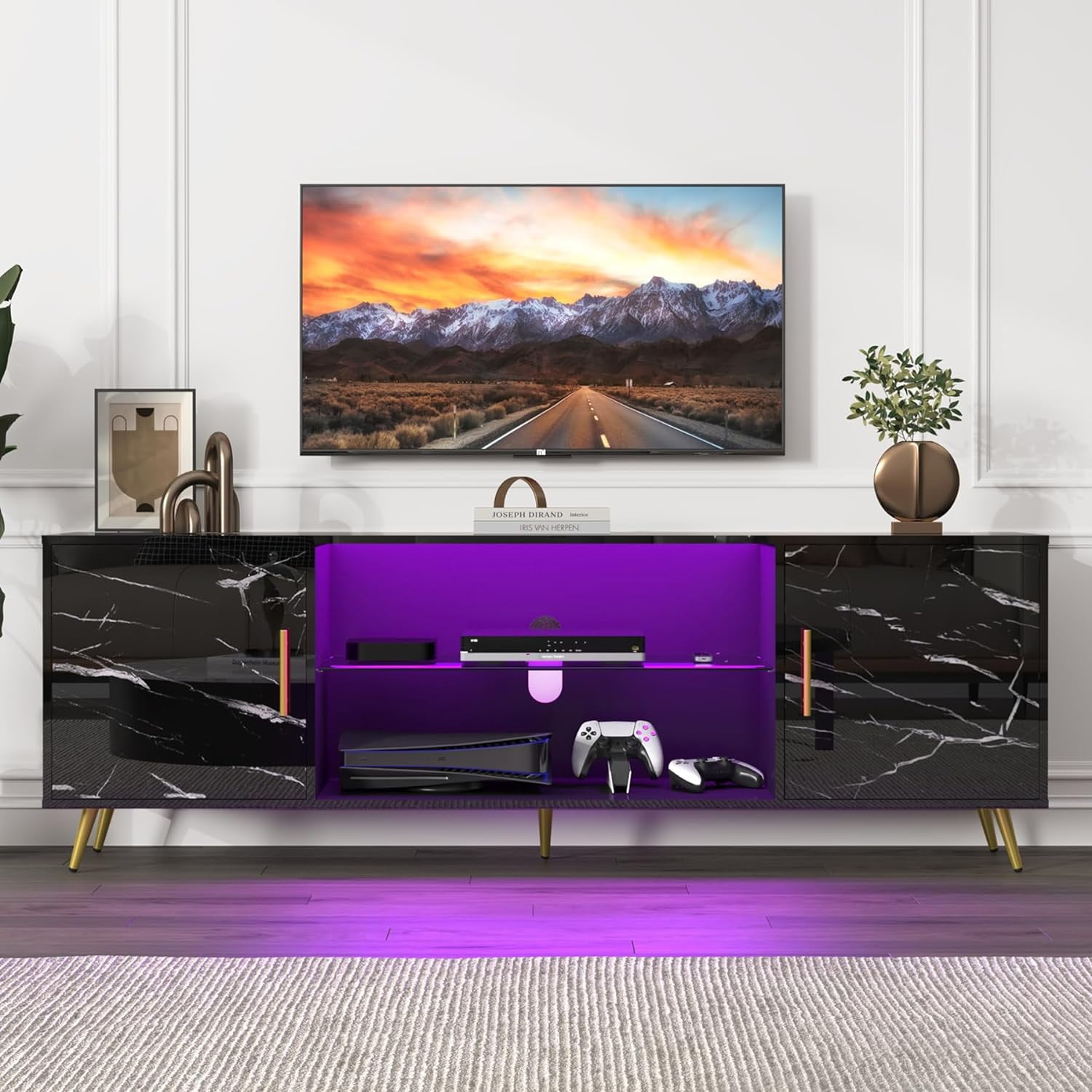 ChVans TV Stand for 80 inch TV with LED Lights, High Gloss