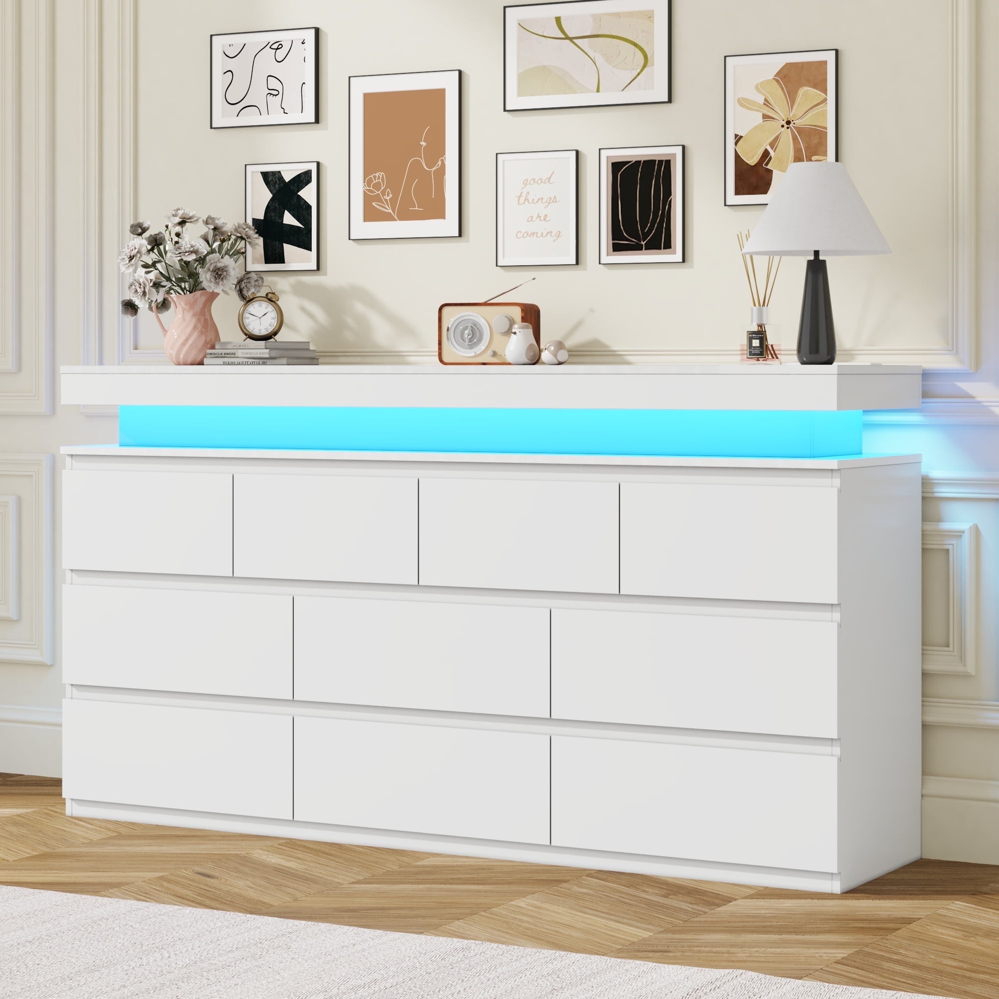 ChVans White 10 Drawer Dresser with LED Lights, 63