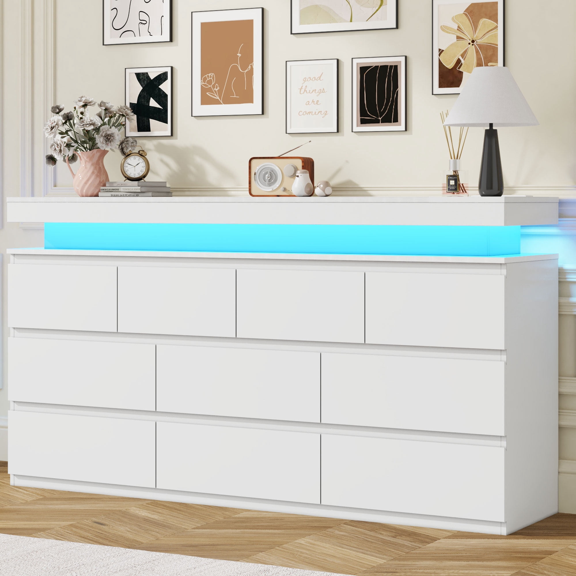 ChVans White 10 Drawer Dresser with LED Lights, 63" Wide Modern Wood Chest of Drawers with Charging Station & Handle Free, LED White Dresser for bedroom, Living Room, Entryway, Hallway