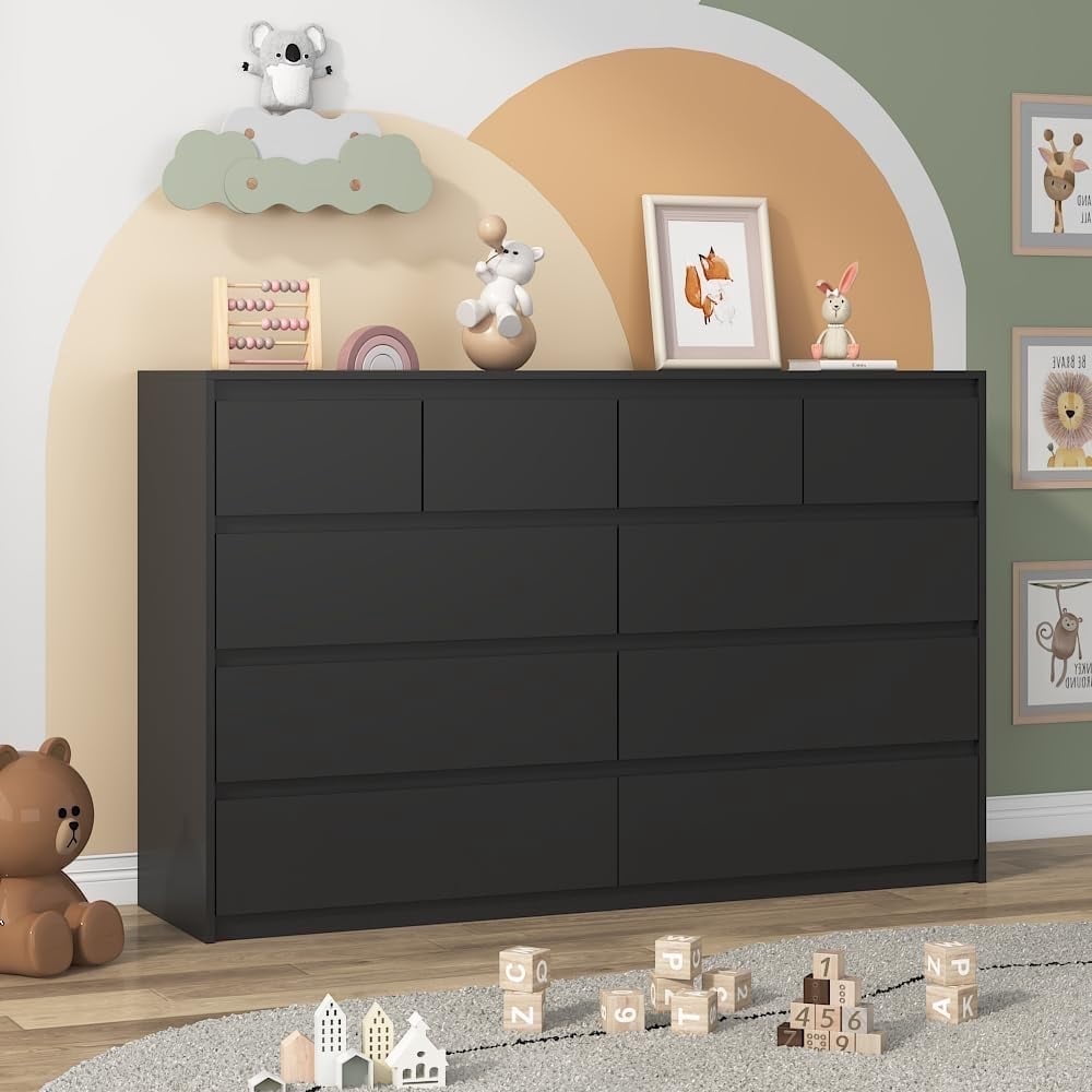 modern 10 drawer dresser VVFLU Farmhouse 10 Drawer Dresser for Bedroom, 55.1" Wide Dressers Chest of Drawers, Wood Storage Cabinet with Deep Drawers ,Large Gray Dresser for