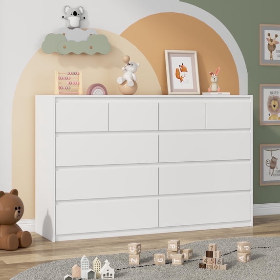 ChVans White Malm 10 Drawers Dresser for Bedroom, 55" Wide 37" Tall Dresser with 10 Drawers, Modern Large Wood Chest of Drawer Handle Free, Living Room, Entryway, Hallway, White