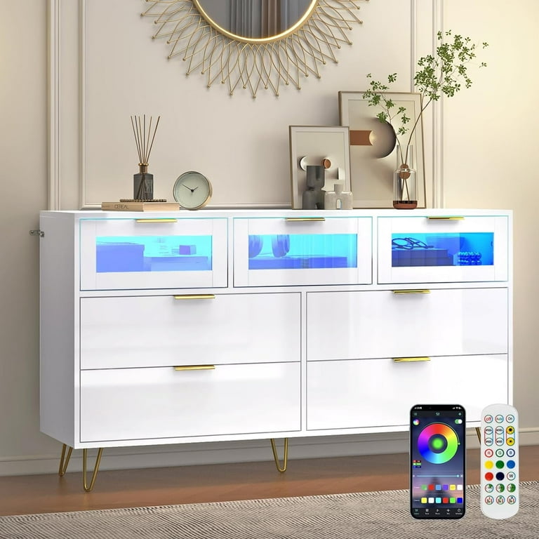 ChVans White 7 Drawer Dresser with led Lights Modern High Gloss LED Dresser for Bedroom White Tall Closet Storage Drawer Dresser Chest of Drawers
