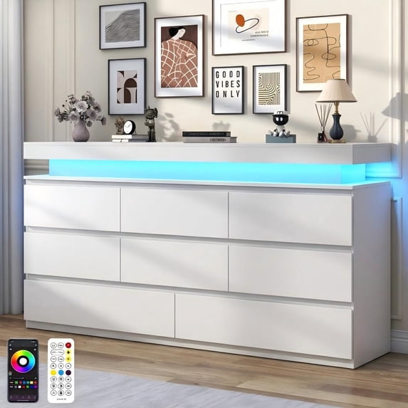 ChVans White 8 Drawer Dresser with LED Lights, 59" Wide Modern Wood Chest of Drawers with Charging Station & Handle Free, LED Black Dresser for bedroom, Living Room, Entryway, Hallway