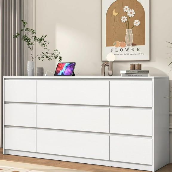 ChVans White 9 Drawers Dresser with Charging Station, 63" Long Modern Dresser with 9 Drawers for Bedroom, Large Wood Chest of Drawers Handle Free, Dresser for Bedroom, Living Room, Hallway