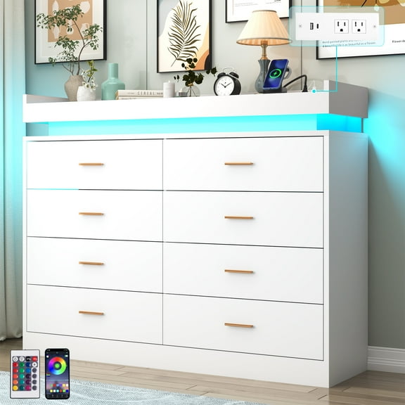 ChVans White Dresser with Charging Station and LED Lights, Modern Chest of Drawers for Closet, 8 drawer dresser for Bedroom, Living Room, Entryway, Hallway