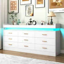 ChVans White Dresser with LED Light and Charging Station, Modern Wood Dresser with Wide Drawers and Metal Handles, 9 drawer dresser for Bedroom, Living Room, Entryway, Hallway
