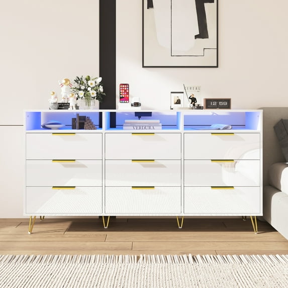 ChVans White Dresser with LED Lights for Bedroom, Modern Wood Dresser with Wide Drawers and Metal Handles, 9 drawer dresser for Bedroom, Living Room, Hallway, 63"