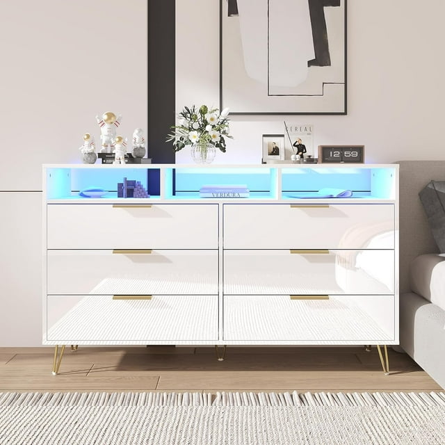 ChVans White Dresser with LED Lights for Bedroom, Modern Wood Dresser ...