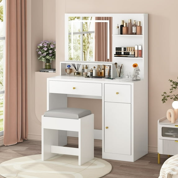 ChVans White Vanity Desk with Lighted Mirror & Charging Station, Vanity Table Set w/3 Storage Shelves,2 Drawers,Storage Cabinet & Makeup Vanity Cushioned Stool(White-37")