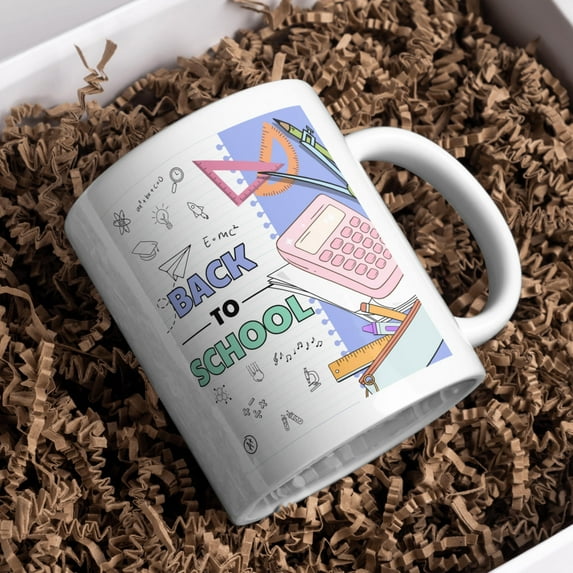 ChaChaCoo Back to School Ceramic White Mug with Stationery Design, Cute Calculator & Doodle Math Theme, First Day of School, Student Gift, 11oz 15oz