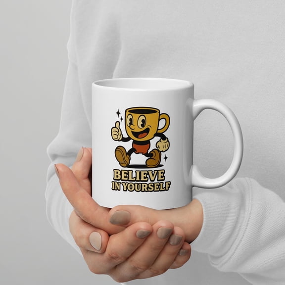 ChaChaCoo Believe in Yourself Mug | Cuphead Style Motivational Retro Cartoon | Positive Coffee Lover Gift | Double-Sided Glossy Ceramic Mug