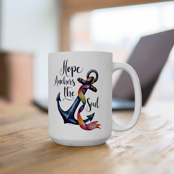 ChaChaCoo Ceramic Mug, 'Hope Anchors the Soul' Cancer Ribbon Anchor Design, Cancer Patient Gift, Inspirational Coffee Cup, Motivational Tea Mug