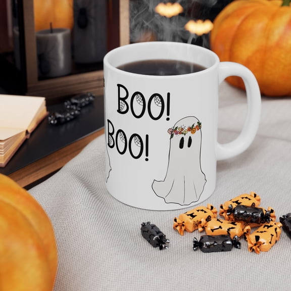 ChaChaCoo Ceramic Mug, funny ghost with ring of flowers on head, text in spooky letters, girly halloween. Halloween Mug, Spooky Coffee