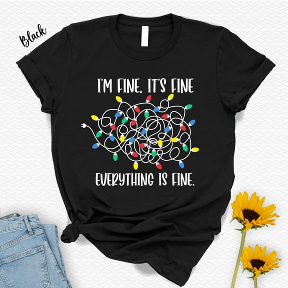 ChaChaCoo Funny Christmas Lights T-Shirt: I'm Fine Everything Is Fine Holiday Tee