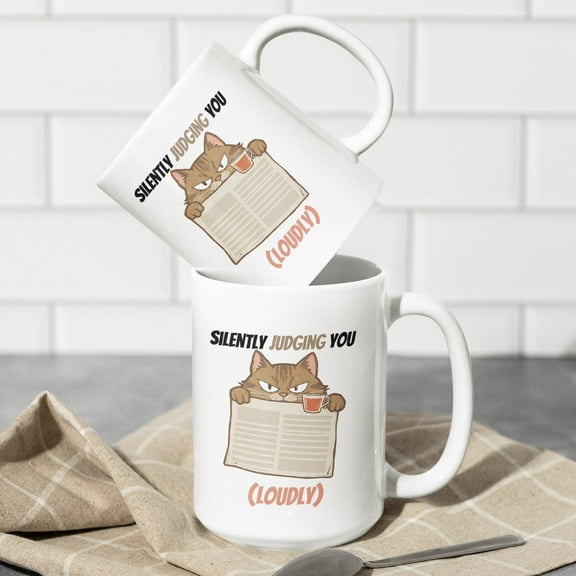 ChaChaCoo Judging Loudly Cat Mug, Funny Sarcastic Cat Cup, Office Coffee Mug, Grumpy Kitty Gift, Cat Meme Mug
