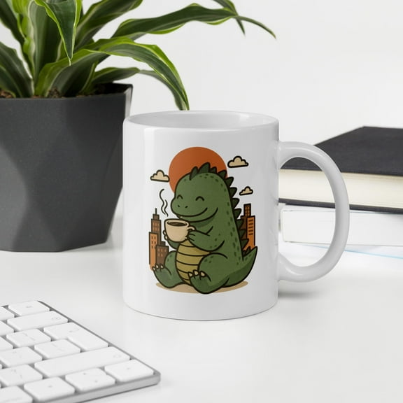 ChaChaCoo Kawaii Kaiju Coffee Mug | Cute Godzilla Dinosaur Drinking Coffee | Cozy Anime Monster Cup | Double-Sided Glossy Ceramic | Funny Otaku Gift