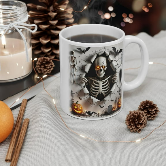 ChaChaCoo Skeleton Halloween Mug | Cracked Wall Skull Coffee Cup | Spooky Pumpkin Horror Mug | Halloween Gift for Him or Her
