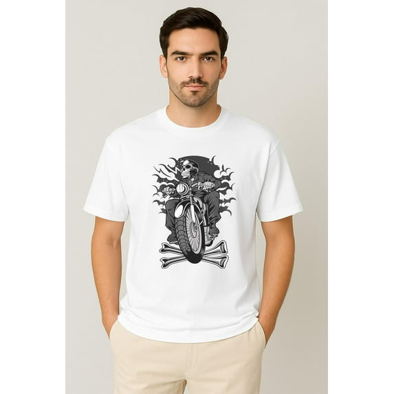 ChaChaCoo Skull Rider Motorcycle T-Shirt – Biker Skeleton Graphic Tee – Gothic Streetwear Shirt – Rock Punk Motorbike Clothing for Men & Women