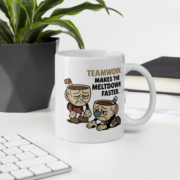 ChaChaCoo Teamwork Makes the Meltdown Faster Mug | Cuphead Style Funny Office Gift | Retro Cartoon Burnout Humor | Double-Sided Ceramic Mug