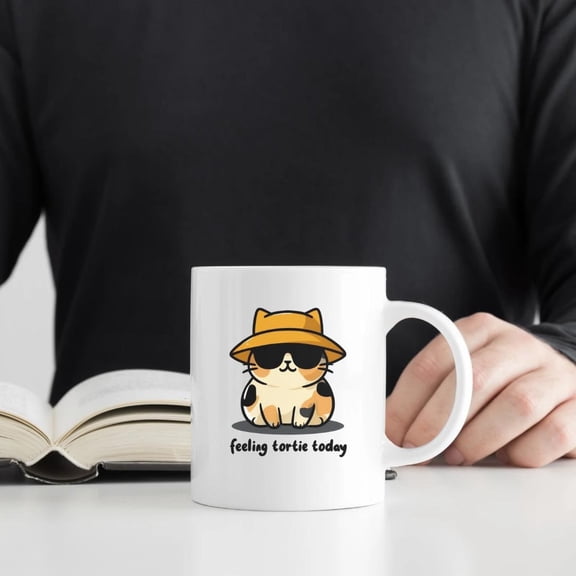 ChaChaCoo Tortie Cat Mug with Sunglasses & Hat - "Feeling Tortie Today" Funny Tortoiseshell Cat Ceramic Coffee Mug - Cute Mug for Her - Cat Decor Gift
