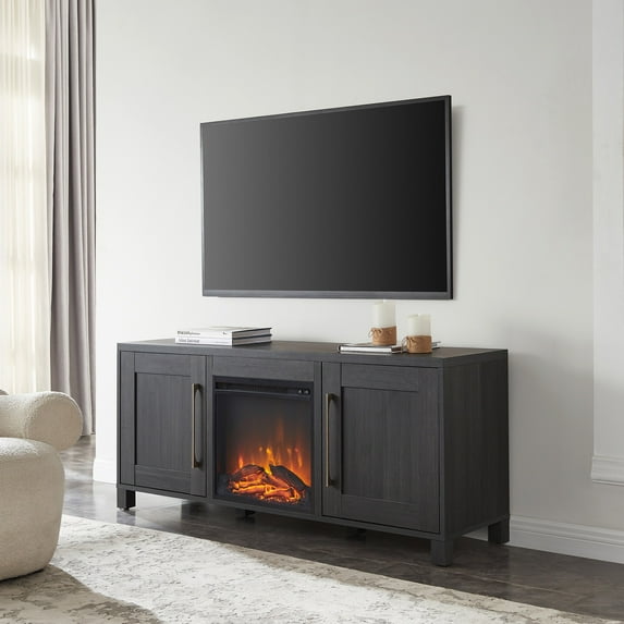 Evelyn&Zoe Chabot Rectangular TV Stand with Log Fireplace for TV's up to 65" in Charcoal Gray