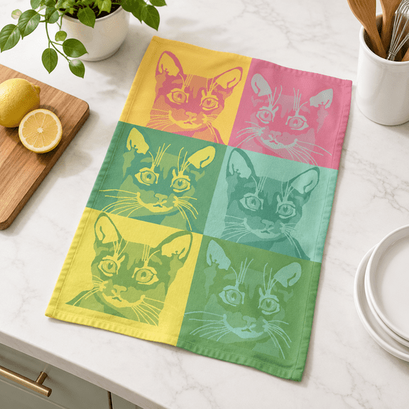Chachacha Pop (Cat Pop Art) Jacquard Damask Weave Cotton Kitchen Towel