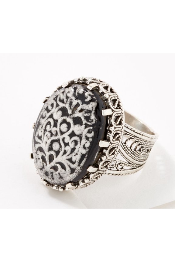 Sterling Silver Black Painted Porcelain Ring, Size 8