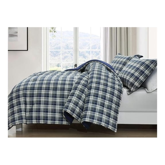 Chad 3-Piece Queen Size Washed Cotton Plaid Comforter Set - Blue Green Light Beige Plaid Printed Bedding Set Reversible Lightweight Comforter for All Season