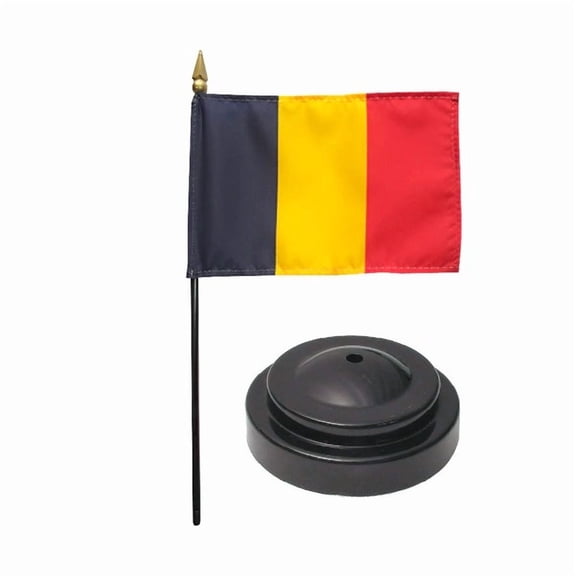 Chad Desk Flag with Base; American Made Rayon 4x6 inch Miniature Table Set Includes One Small Mini Country Stick Flags and One Black Stand (Chad Desk Flag and Base)