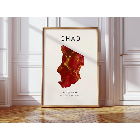 Chad Map Poster Red and Gold Africa Wall Art Print Home Decor Geography Map Gift Wallpaper