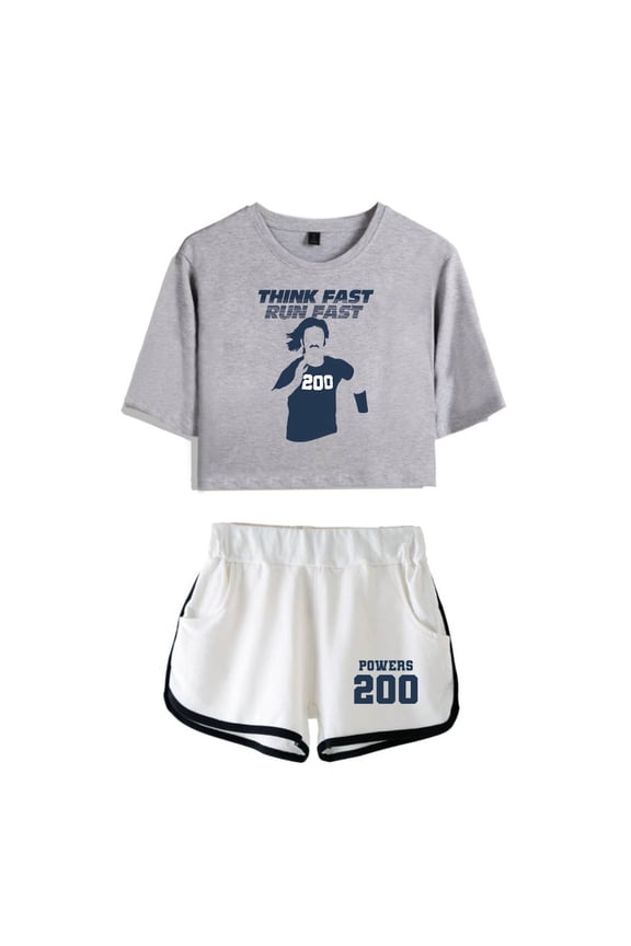 Chad Powers Think Fast Run Fast Merch Graphic Women’s Crop Top Set – Midriff-Baring Fitted Gym Tee with Shorts for TV Series Fans