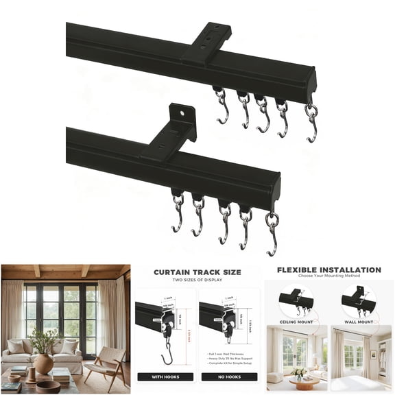 ChadMade CD-CT-69B Ceiling/Wall Mount Curtain Track Rod Set with Hooks, 6-9ft Adjustable Length Black Curtain Rod for Living Room, Bedroom, Sliding Doors