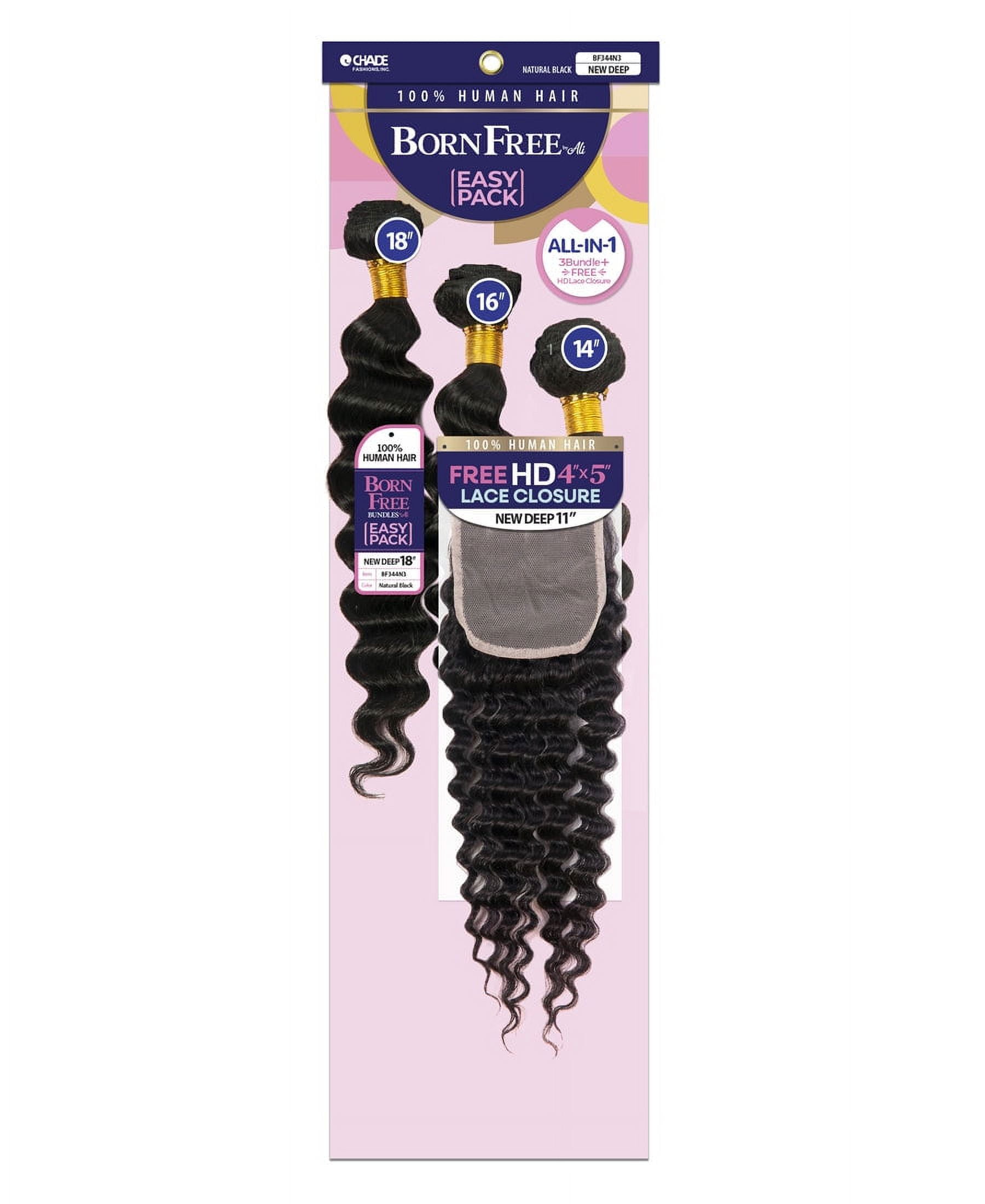 Chade Born Free by Ali NEW DEEP Easy Pack 100% Human Hair All-in-One Bundle Extensions with 4X5 HD Lace Closure (12"/14"/16")