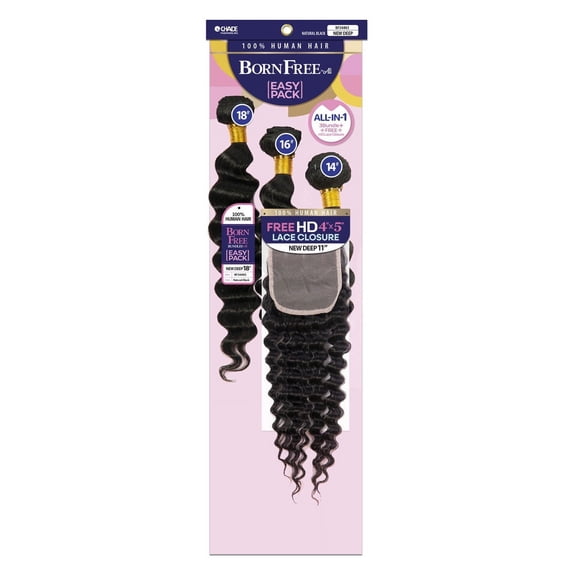 Chade Born Free by Ali NEW DEEP Easy Pack 100% Human Hair All-in-One Bundle Extensions with 4X5 HD Lace Closure (16"/18"/20")