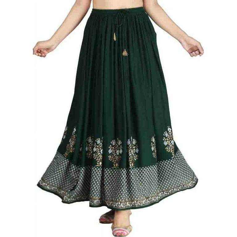 Chadrakala Women s Rayon Cotton Indian Flaire Long Maxi Skirt Gold Block Print Free Size Bottle Green S105BOT Walmart