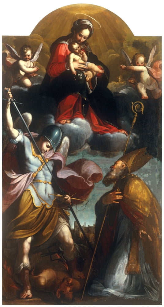 Chael The Archangel And A Holy Bishop (Madonna Con Bambino San Michele Arcangelo E Un Santo Vescovo) Canvas Art - (24 x 36)