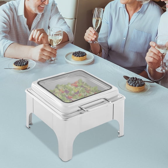Chafing Dish, 6L Rectangular Chafer, Single Compartment, Silver, Alcohol Heating, Stainless Steel & Glass, for Buffet, Party, Catering, Keep Food Hot or Cold