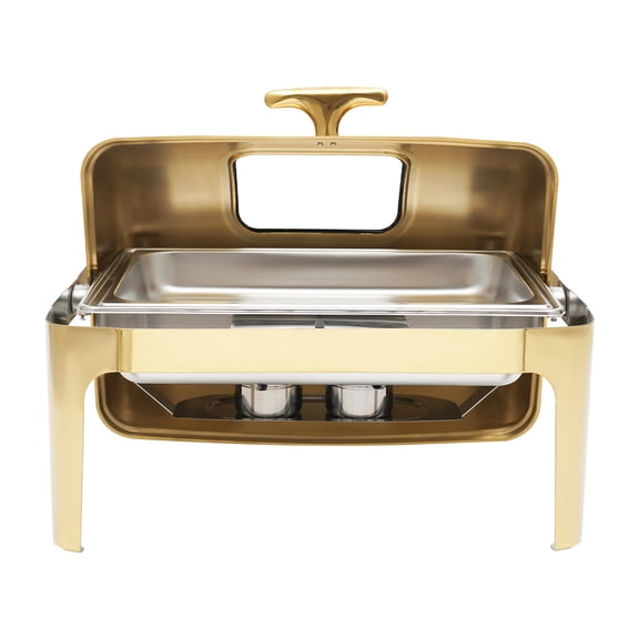 Chafing Dish, 9L Gold Rectangular Single Pan, Stainless Steel Buffet Warmer, Roll Top Lid with Clear Window, Commercial Grade for Catering Home
